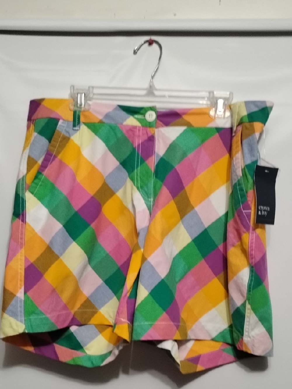 Crown & I Ivy  Multicolor Plaid Button-Front Shorts — Green, Pink, Yellow, Cream